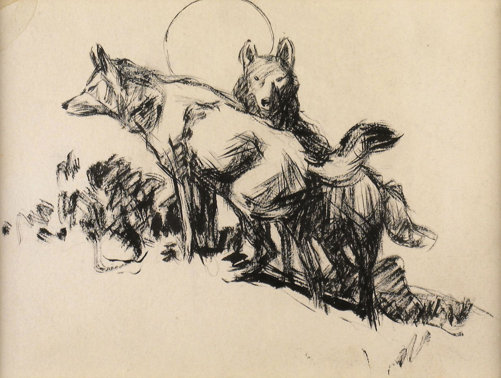 Frank Hoffman, Untitled (Two Coyotes Under the Moon): Frank Hoffman (1888 - 1958) Untitled (Two Coyotes Under the Moon) ink on paper Dimensions: 8 3/4 x 9 in (sight) Matted Dimensions: 12 1/4 x 14 1/2 in Provenance: The Estate of Frank Hoffman A Private