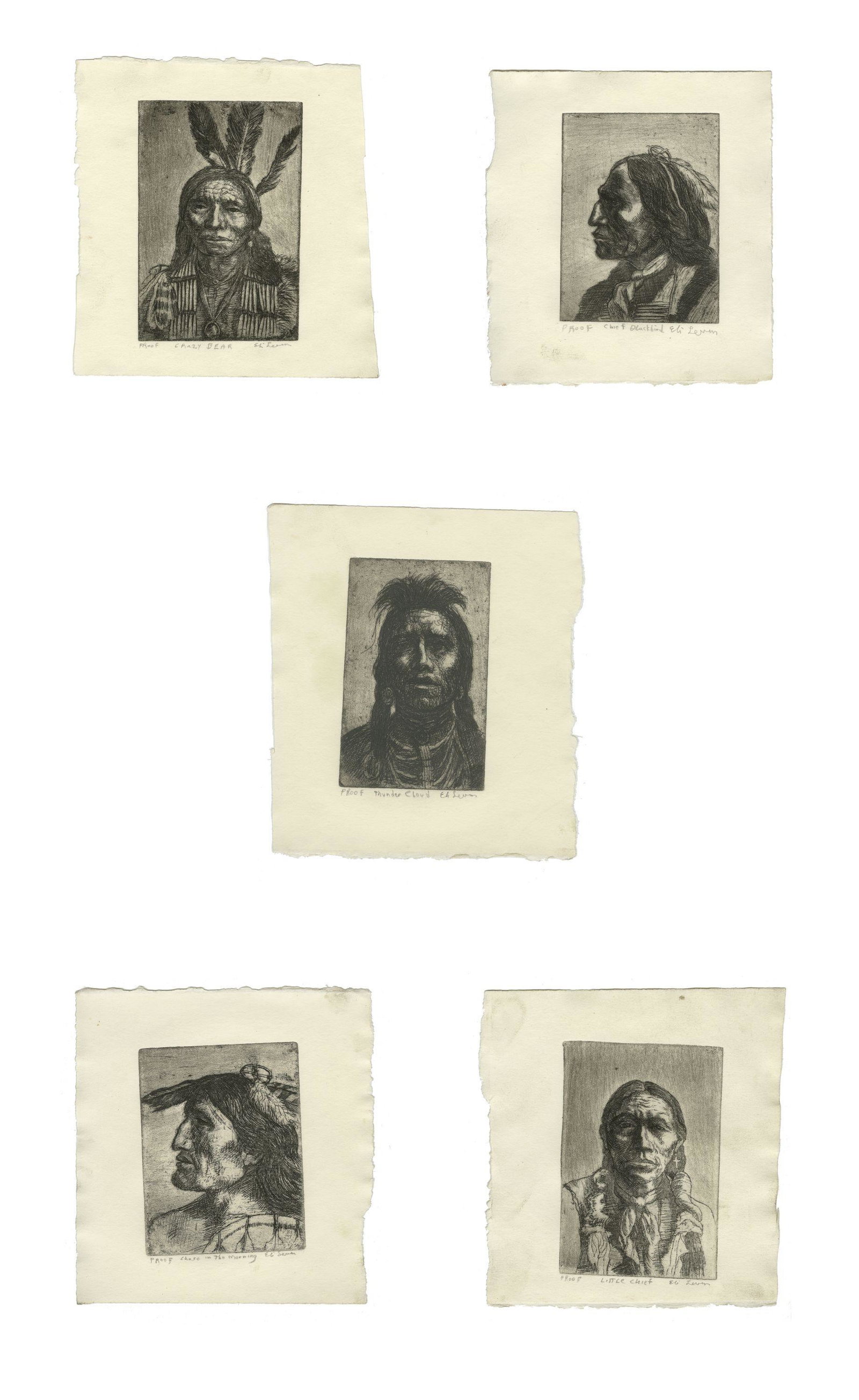 Eli Levin Five Chiefs: Eli Levin (b. 1938) Five Chiefs Crazy Bear etching editioned titled and signed lower margin: PROOF CRAZY BEAR Eli Levin Dimensions: 4 3/8 x 3 15/16 in Sheet