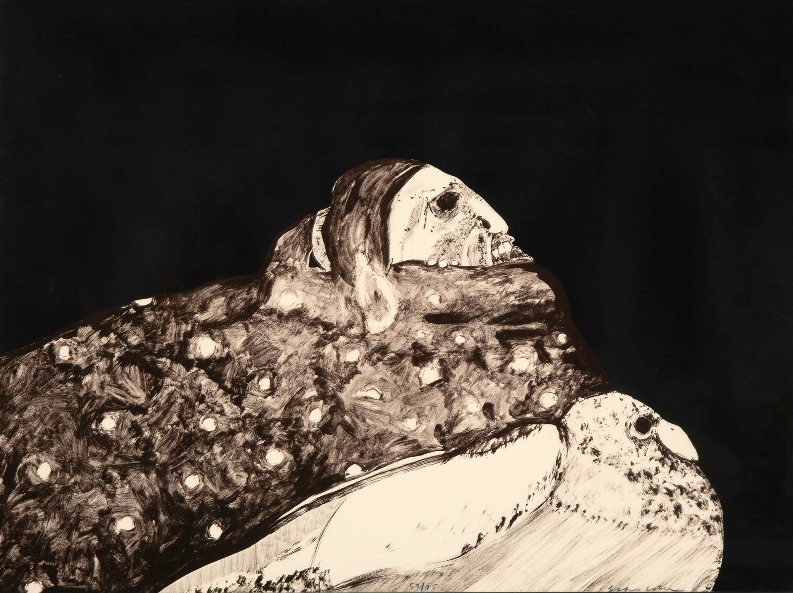 Fritz Scholder, Indian with Pigeon, 1970-71: Fritz Scholder (1937 - 2005) Indian with Pigeon, 1970-71 lithograph, edition 59 of 75 From the portfolio titled: "Indians Forever" Tamarind Number: [70-188] signed lower right: Scholder editioned lowe
