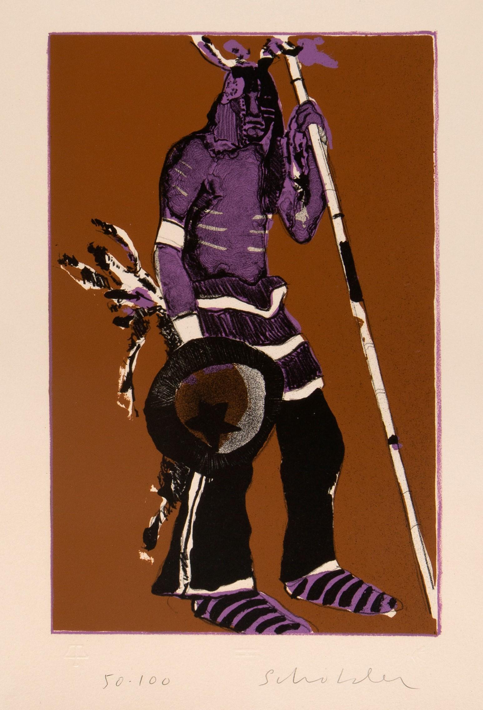Fritz Scholder, Indian with Shield (First State), 1973: Fritz Scholder (1937 - 2005) Indian with Shield (First State), 1973 color lithograph, edition 50 of 100 Alternate Title: Buffalo and Mate (First State) Tamarind Number: 73-692 signed lower right: Scho