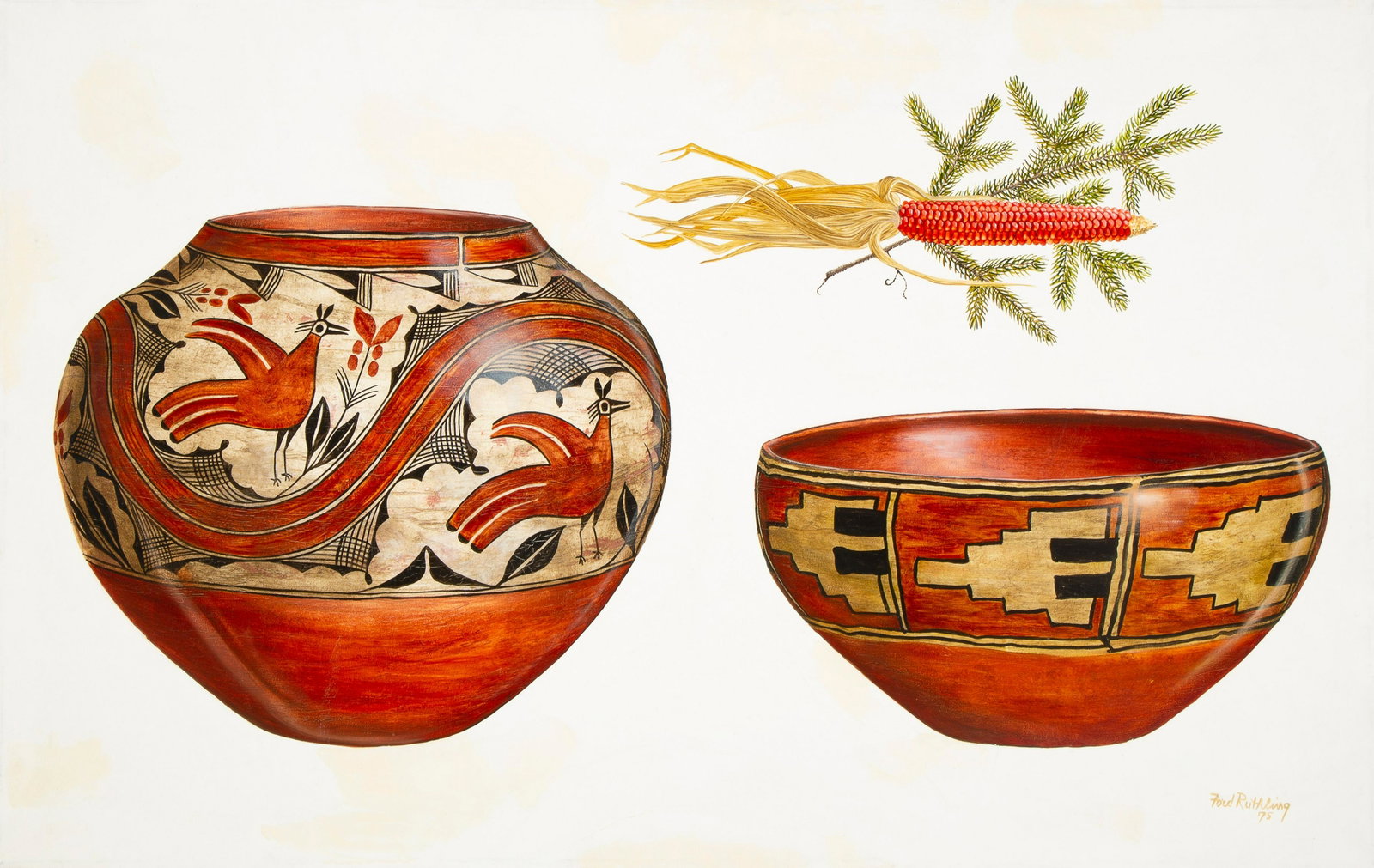 Ford Ruthling, Two Pots for John Driscoll: Ford Ruthling (1933 - 2015) Two Pots for John Driscoll's Birthday, 1975 oil on canvas signed and dated lower right: Ford Ruthling 75 Inscribed on stretcher frame verso: "Two Pots for John Driscoll's B