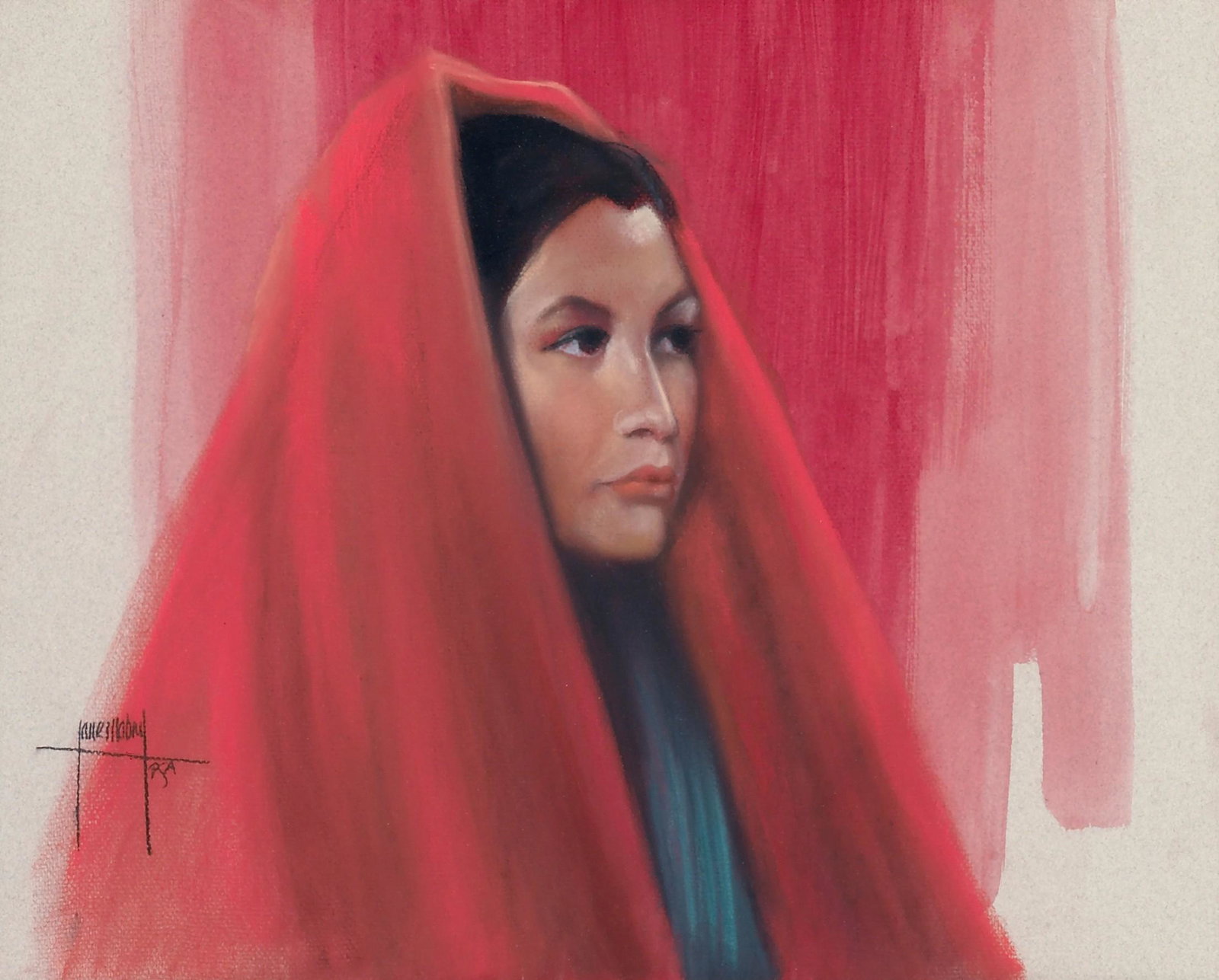 Jane Mabry, Untitled (Woman in Red Shawl): Jane Mabry (1911 - 2006) Untitled (Woman in Red Shawl) pastel and watercolor on canvas signed lower left: Jane Mabry / PSA Dimensions: 15 1/2 x 19 1/2 in Framed Dimensions: 24 1/4 x 28 1/4 x 2 in Prov