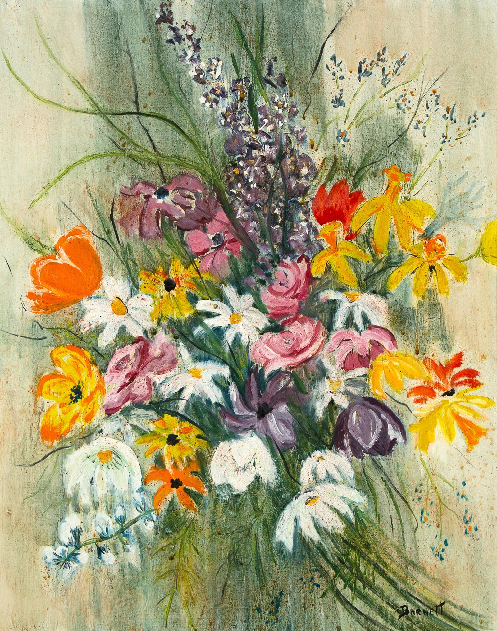 Howard Leo Barnett Bouquet of Flowers: Howard Leo Barnett (1908 - 1987) Bouquet of Flowers oil on panel signed lower right: BARNETT Dimensions: 21 1/2 x 17 1/4 in Framed Dimensions: 24 1/8 x 20 1/8 x 2 in Provenance: A Private Family Found