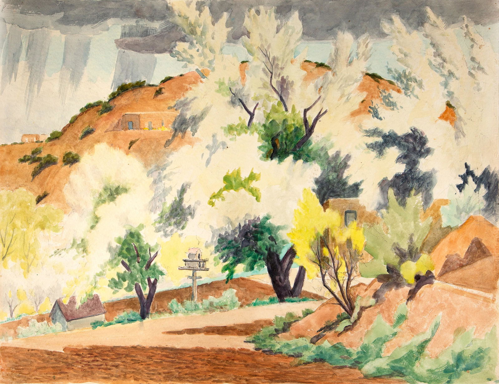 Albert Schmidt, Rain Clouds and White Cottonwoods: Albert Schmidt (1885 - 1957) Rain Clouds and White Cottonwoods watercolor on paper Dimensions: 17 x 22 in Provenance: The Estate of Albert Schmidt A Private Family Foundation* *All proceeds of sale fr