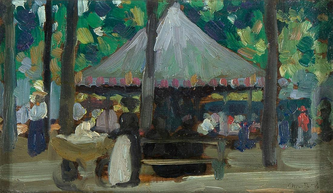 B. J. O. Nordfeldt Carousel: B. J. O. Nordfeldt (1878 - 1955) Carousel oil signed lower right: Nordfeldt Dimensions: 5 x 8 1/2 in Provenance: The Estate of B. J. O. Nordfeldt Private Collection New Mexico A Privat