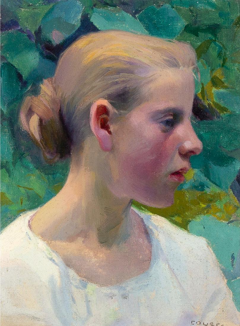 E. I. Couse, Blond French Girl - Profile: Eanger Irving Couse(1866 - 1936)Blond French Girl Profile 1895oil on canvas mounted on masonitesigned lower right: COUSE- inscribed verso: "Blond French Girl Profile" 9 1/2 x 12 1/2 / France