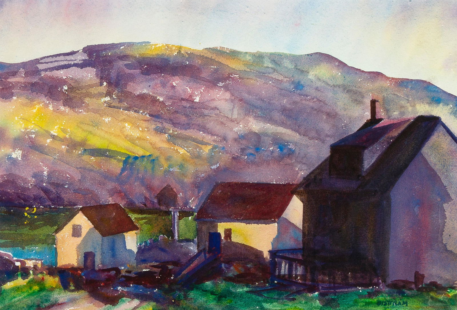 Emil Bisttram, Untitled (Village Beneath Mountain): Emil Bisttram(1895 - 1976)Untitled (Village Beneath Mountain)watercolor and graphite on papersigned lower right: BISTTRAMDimensions: 13 x 19 1/8 in Framed Dimensions: 20 1/4 x 26 1/4 x 1 1/8 inP