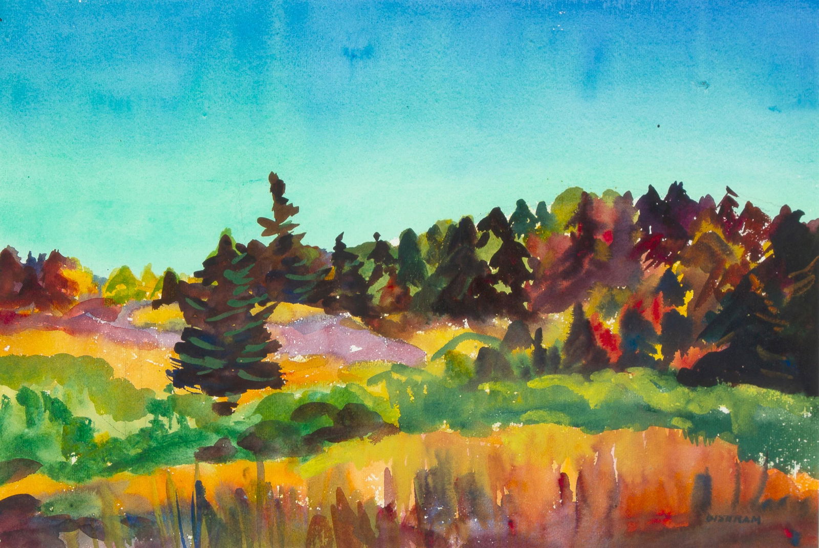 Emil Bisttram, Untitled (Forest): Emil Bisttram(1895 - 1976)Untitled (Forest)watercolor and graphite on papersigned lower right: BISTTRAMDimensions: 13 7/8 x 20 1/8 in Framed Dimensions: 20 1/4 x 26 1/4 x 1 1/4 inProvenance: