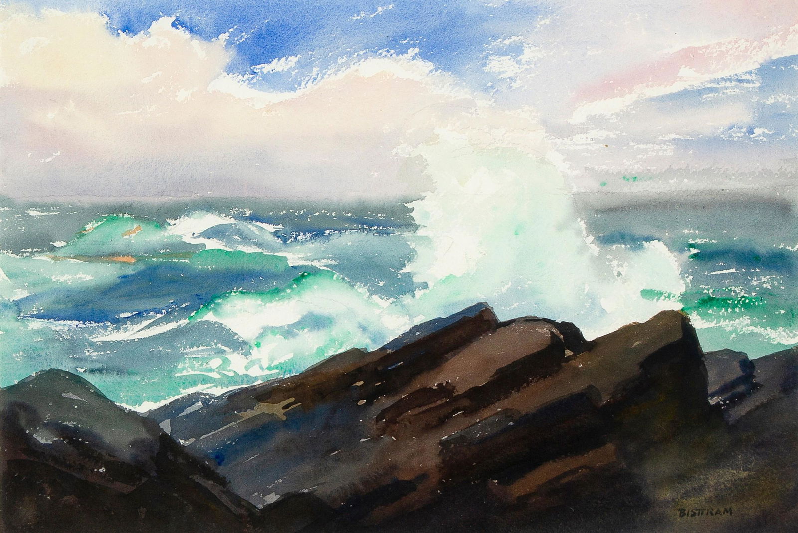 Emil Bisttram, Untitled (Storm on Shore): Emil Bisttram(1895 - 1976)Untitled (Storm on Shore)watercolor and graphite on papersigned lower right: BISTTRAMDimensions: 13 x 19 1/8 in Framed Dimensions: 20 1/4 x 26 1/4 x 1 1/4 inProvenance: