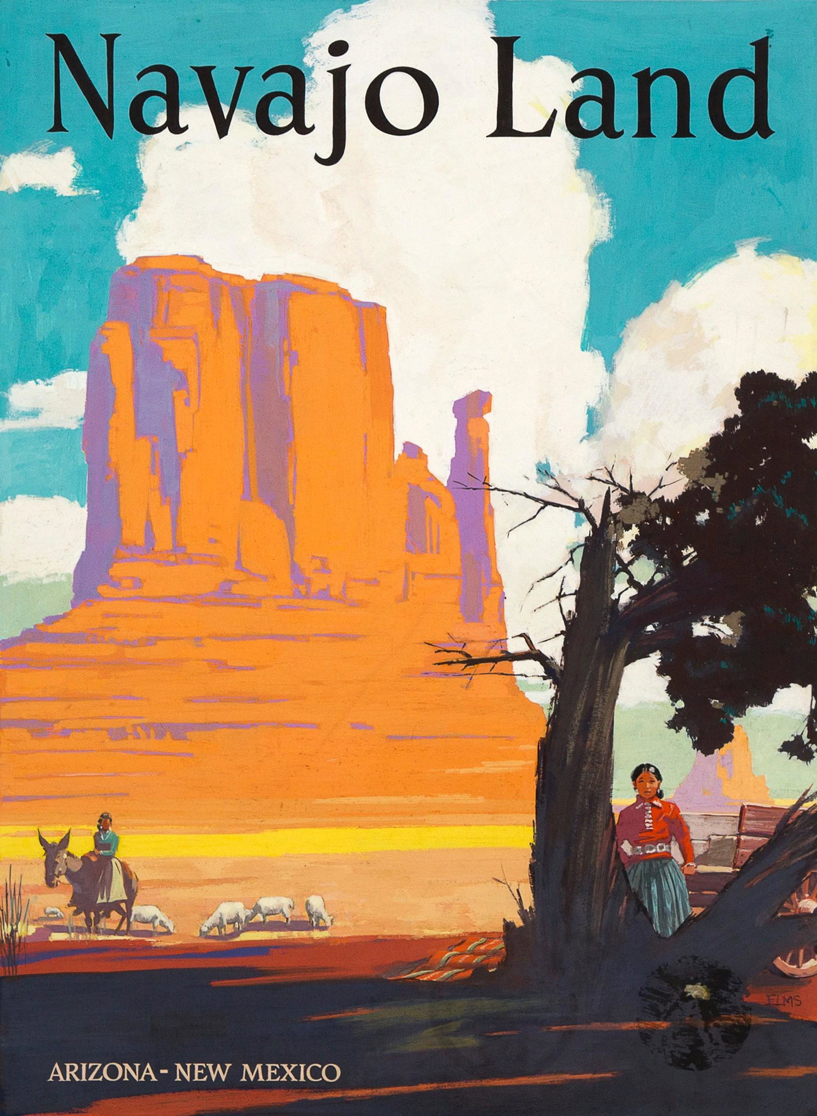 Willard Elms, Illustration for ATSF Navajo Land Poster: Willard Frederick Elms (1900 - 1956) Illustration for ATSF Navajo Land Poster ca. 1940-1950 tempera on artists board signed lower right: ELMS Dimensions: 22 x 16 in Provenance: A Private Family