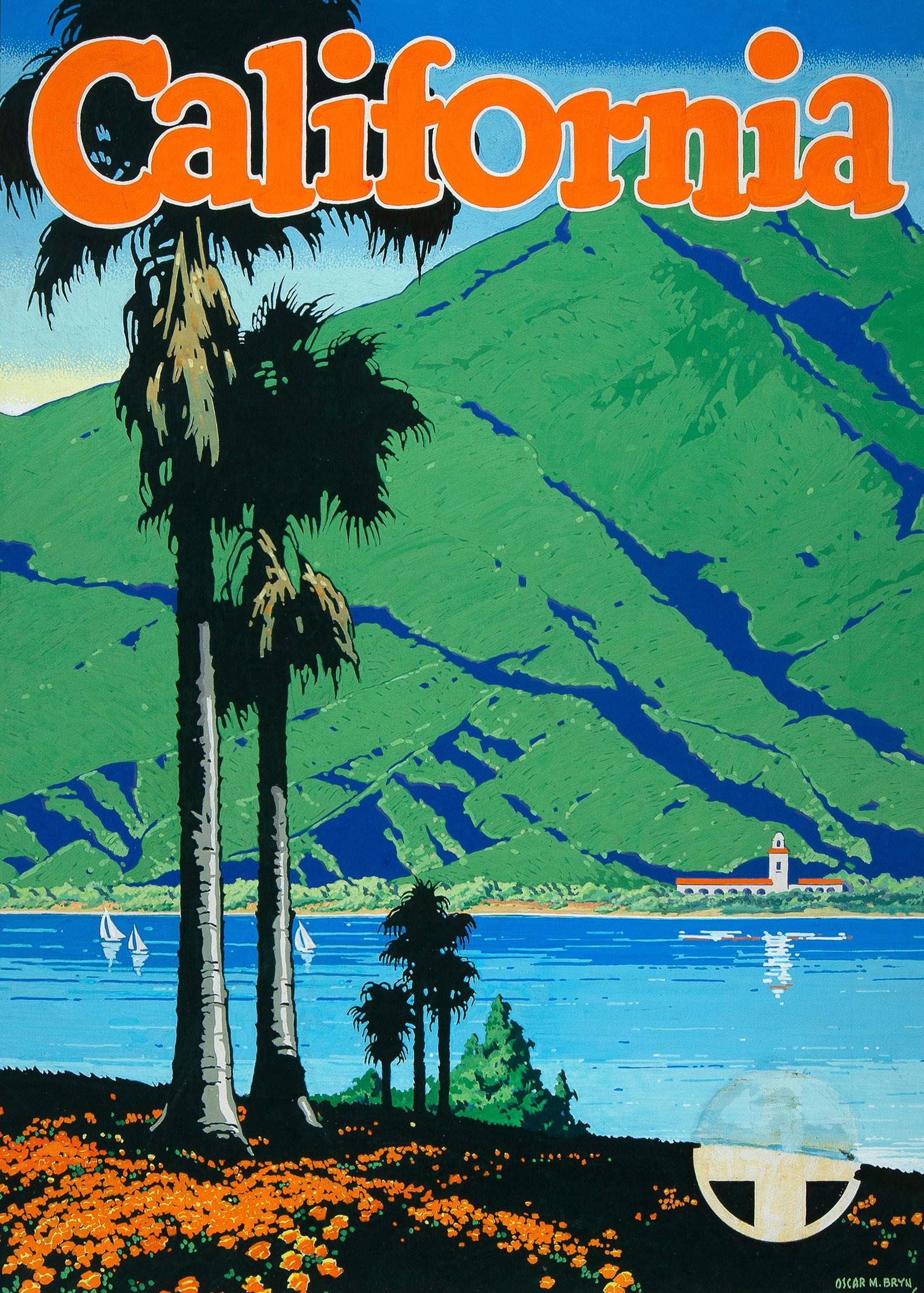 Oscar Bryn, Illustration for ATSF California Poster: Oscar Bryn (1883 - 1967) Illustration for ATSF California Poster tempera on artist board Atchison Topeka and Santa Fe Railway poster design signed lower right: OSCAR M. BRYN Dimensions: 22 x 16 in Pr