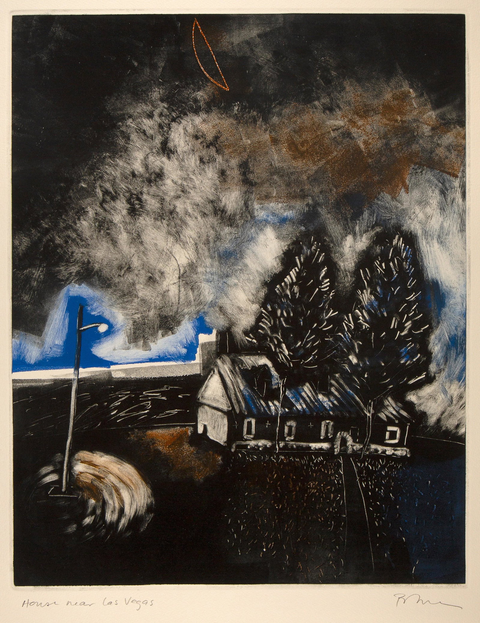 Blue McCreight, House Near Las Vegas: Blue McCreight (20th Century) House Near Las Vegas monotype signed lower right: illegible titled lower left: House Near Las Vegas Dimensions: 19 3/4 x 15 1/4 in Sheet Dimensions: 30 x 22 in Provenance