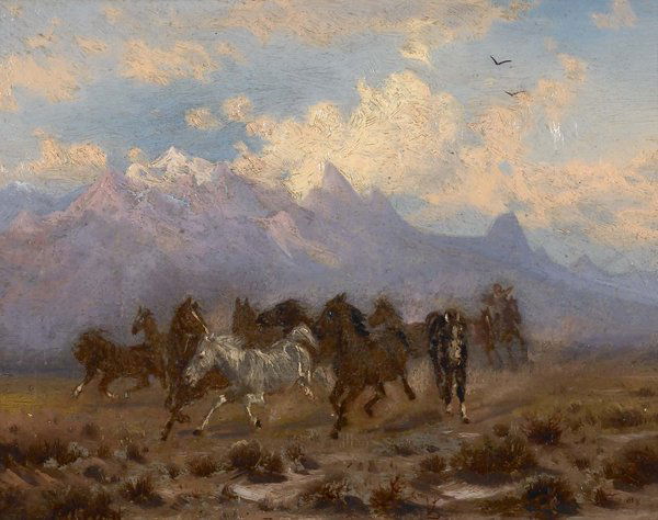 Peter Moran, 1841-1914: Title: Untitled (Horses) Media: oil on board Date: Size: 6 1/8 x 8 1/8 inches (image) Signature: signed lower left: P Moran Literature/Exhibition History: Provenance: Priv