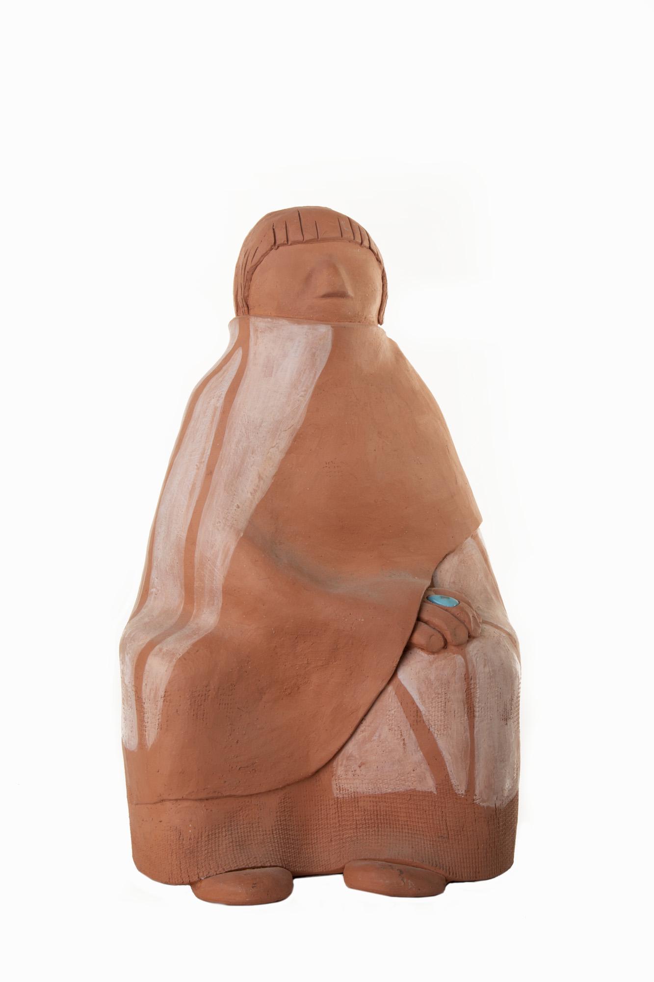 Billy Kratzer, Untitled (Seated Woman), 1983: Billy Kratzer (Acoma, 20th Century) Untitled (Seated Woman), 1983 terracotta and turquoise signed and dated rear right: Billy Kratzer / © 1983 14 1/2 x 10 x 9 in. (36.83 x 25.40 x 22.86 cm.) Provenan