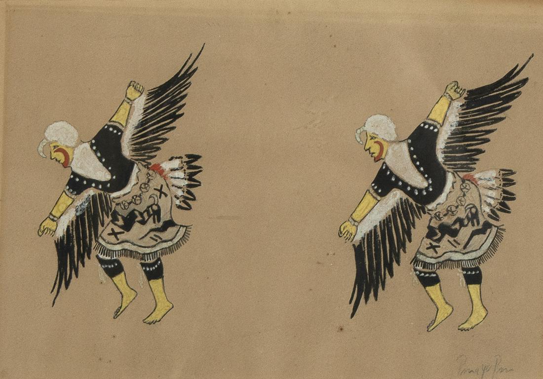 Thomas Vigil [Pan Yo Pin], Untitled (Two Eagle Dancers): Thomas Vigil [Pan Yo Pin] (Tesuque, 1889-1960) Untitled (Two Eagle Dancers) gouache on paper signed lower right: Pan Yo Pin 9 3/8 x 13 1/2 in. (23.81 x 34.29 cm.), Frame: 14 7/8 x 18 3/4 x 5/8 in. (37