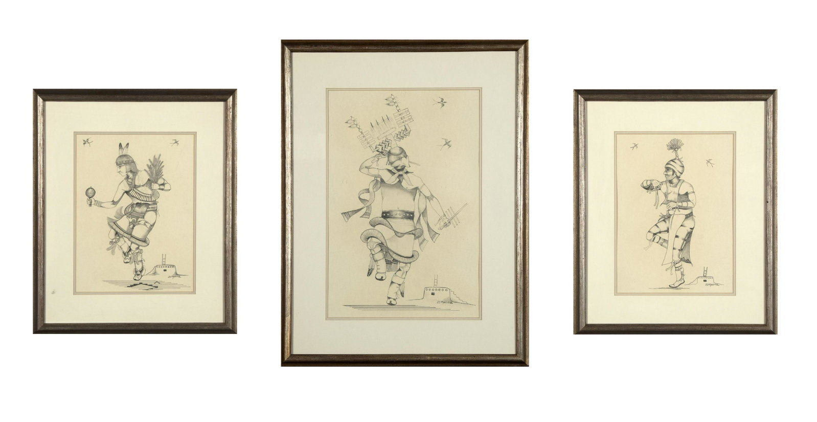 J. D. Medina, Three Drawings: José de la Cruz Medina (Zia, b. 1935) Three Dancer Drawings graphite on paper each signed lower right: J. D. Medina Dimensions (each): 11 7/8 x 8 7/8 in Framed Dimensions (each): 18 3/4 x 15 3/4 x 1 