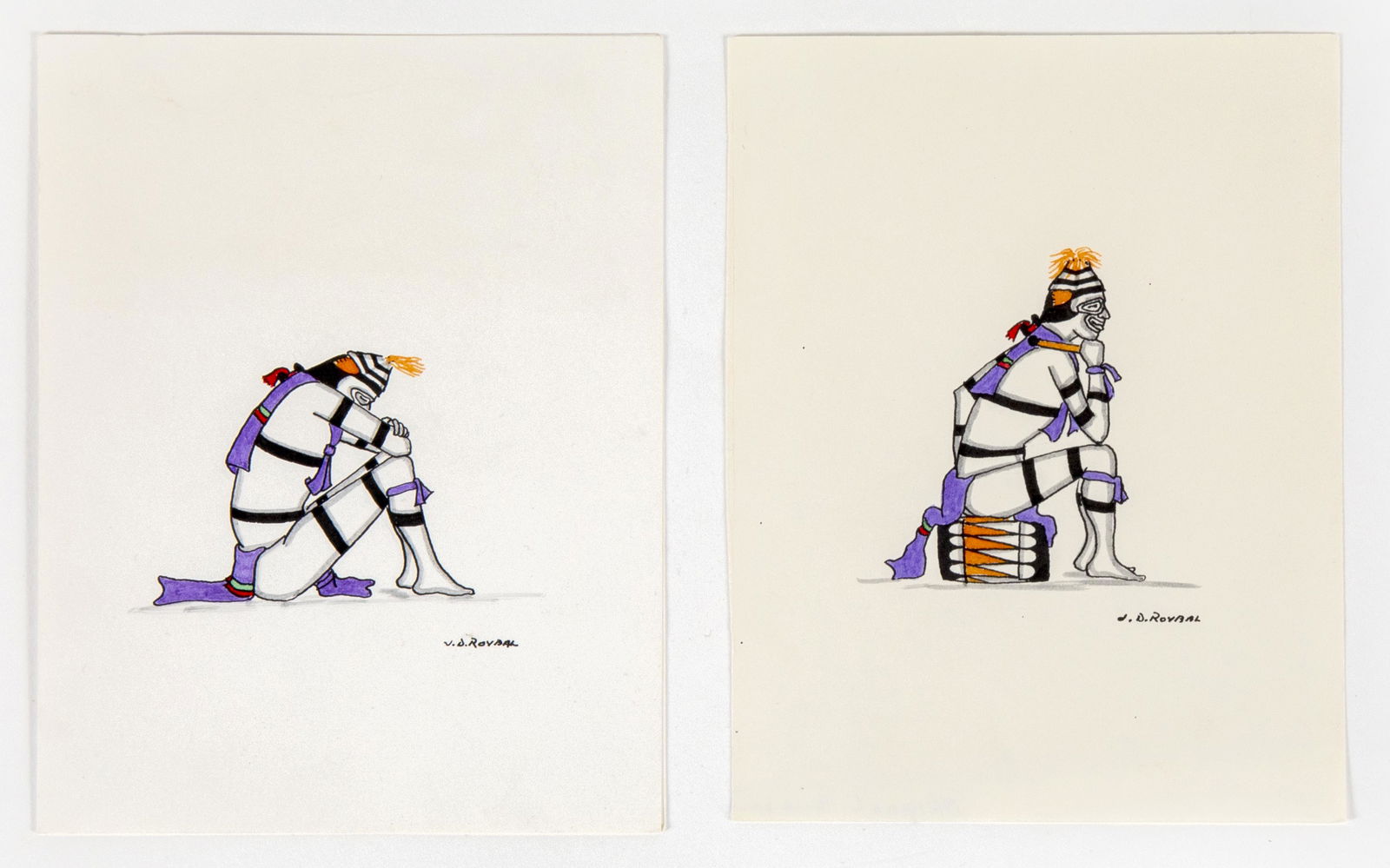 Jose Roybal [Oquwa], Two Koshare Drawings: Jose Roybal [Oquwa](San Ildefonso, 1922 - 1978)Two Koshare Drawingsink on papereach signed lower right: J. D. ROYBAL inscribed verso: ORiginal Hand paint inscribed verso: SAN ILDEFONSO PUE, N.M.Sheet