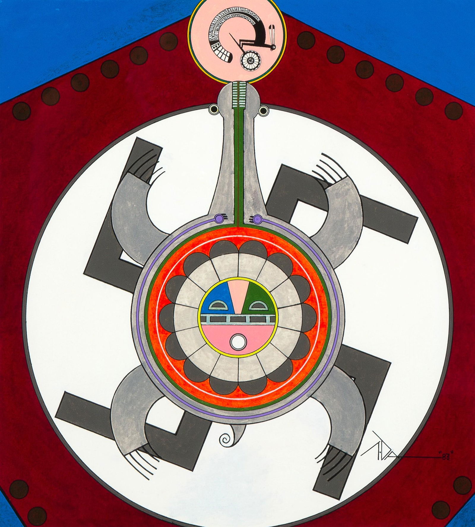 Tony Da, Four Corners of the Earth, 1983: Tony Da(San Ildefonso, 1940 - 2008)Four Corners of the Earth, 1983mixed media on papersigned and dated lower right: T.DA "83"21 1/2 x 19 3/8 in. (54.61 x 49.21 cm.), Frame: 31 x 28 1/4 x 3/4