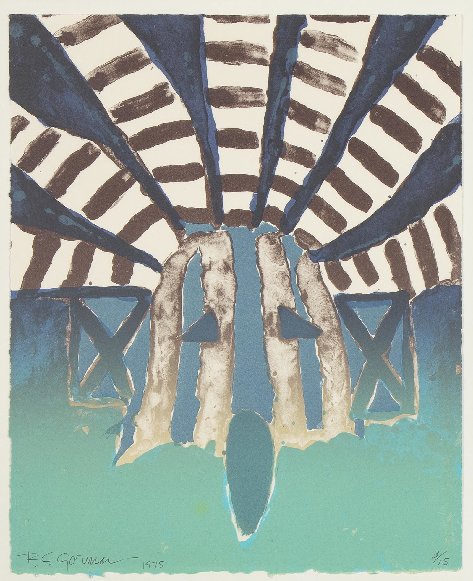 R. C. Gorman, Blue Kachina (Mask #2), 1975: R. C. Gorman (Navajo, 1931 - 2005) Blue Kachina (Mask #2), 1975 color lithograph, edition 3 of 15 signed and dated lower left: R.C. Gorman 1975 editioned lower right: 3/15 16 1/2 x 13 5/8 in. (41.91 x
