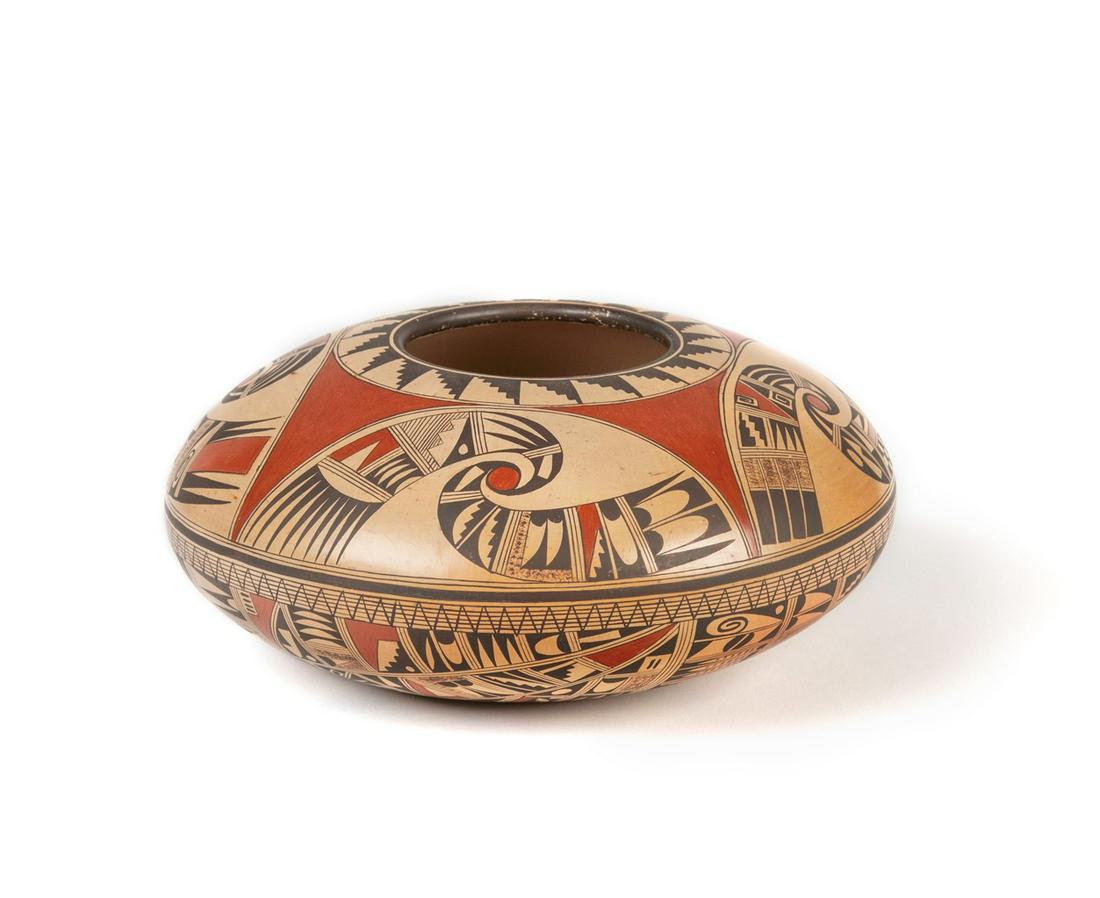 Hopi-Tewa, Rondina Huma, Polychrome Jar, 1986: Rondina Huma(Hopi-Tewa, b. 1947)Polychrome Jar, 1986clay, pigmentsigned and inscribed underside: RONDINA HUMA / TEWA / POLACCA, ARIZONA 1986 SWAIA 65th Annual Indian Market 2nd Place Ribbonheight 4 1/
