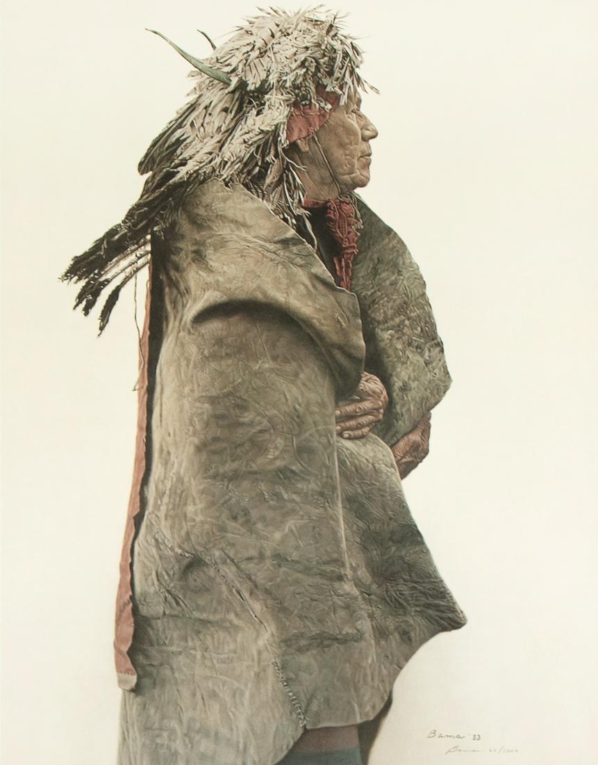 James Bama, Crow Indian Wearing 1860s War Medicine: James Bama (b. 1926) Crow Indian Wearing 1860s War Medicine Bonnet, 1983 offset lithograph signed and dated in plate lower right: Bama '83 signed and editioned in pencil lower right: Bama 68/1200 23 x