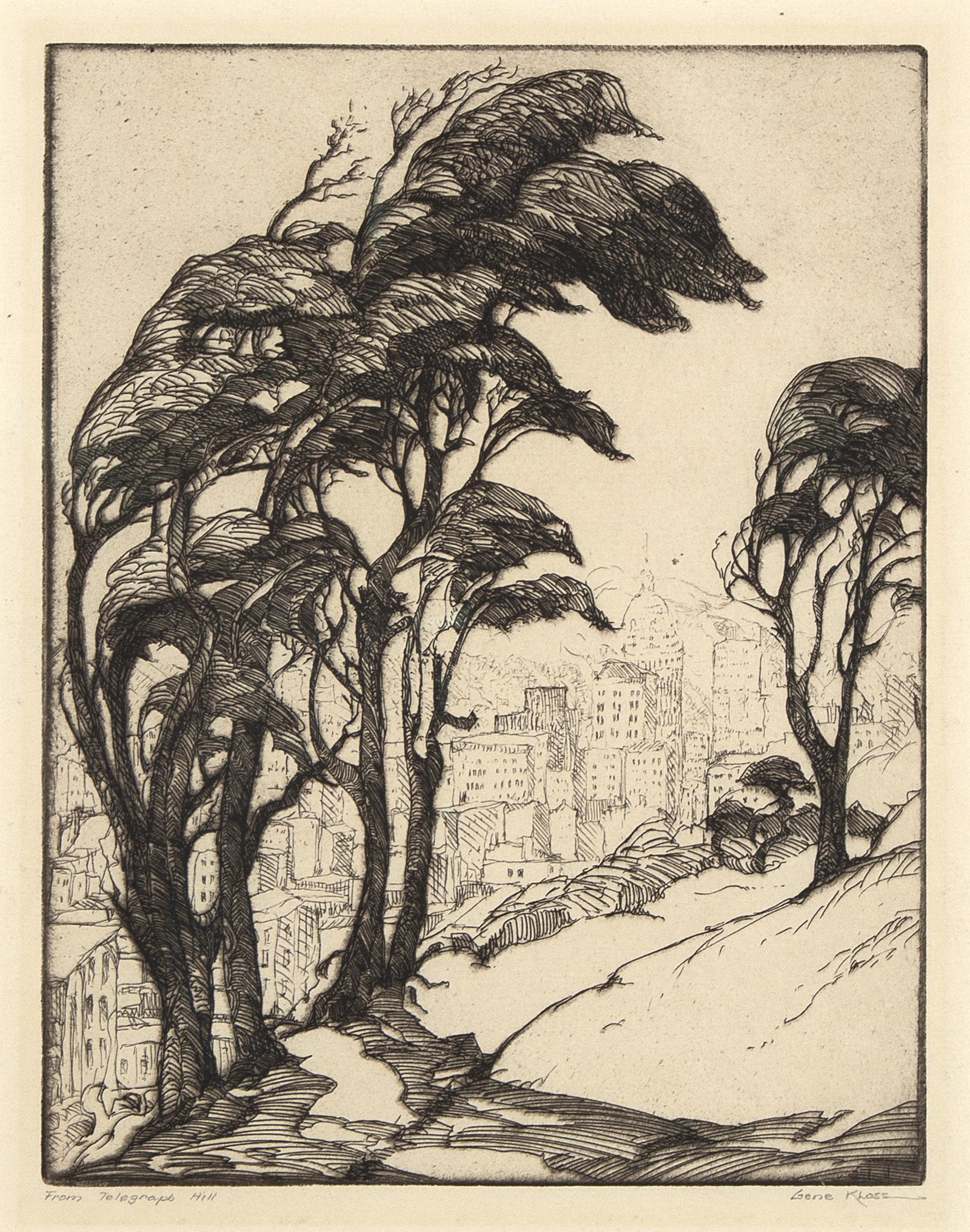 Gene Kloss, From Telegraph Hill, 1926: Gene Kloss (1903 - 1996) From Telegraph Hill, 1926 etching, unknown edition size signed lower right: Gene KLoss titled lower left: From Telegraph Hill 8 7/8 x 6 7/8 in. (22.54 x 17.46 cm.), Frame: 16 