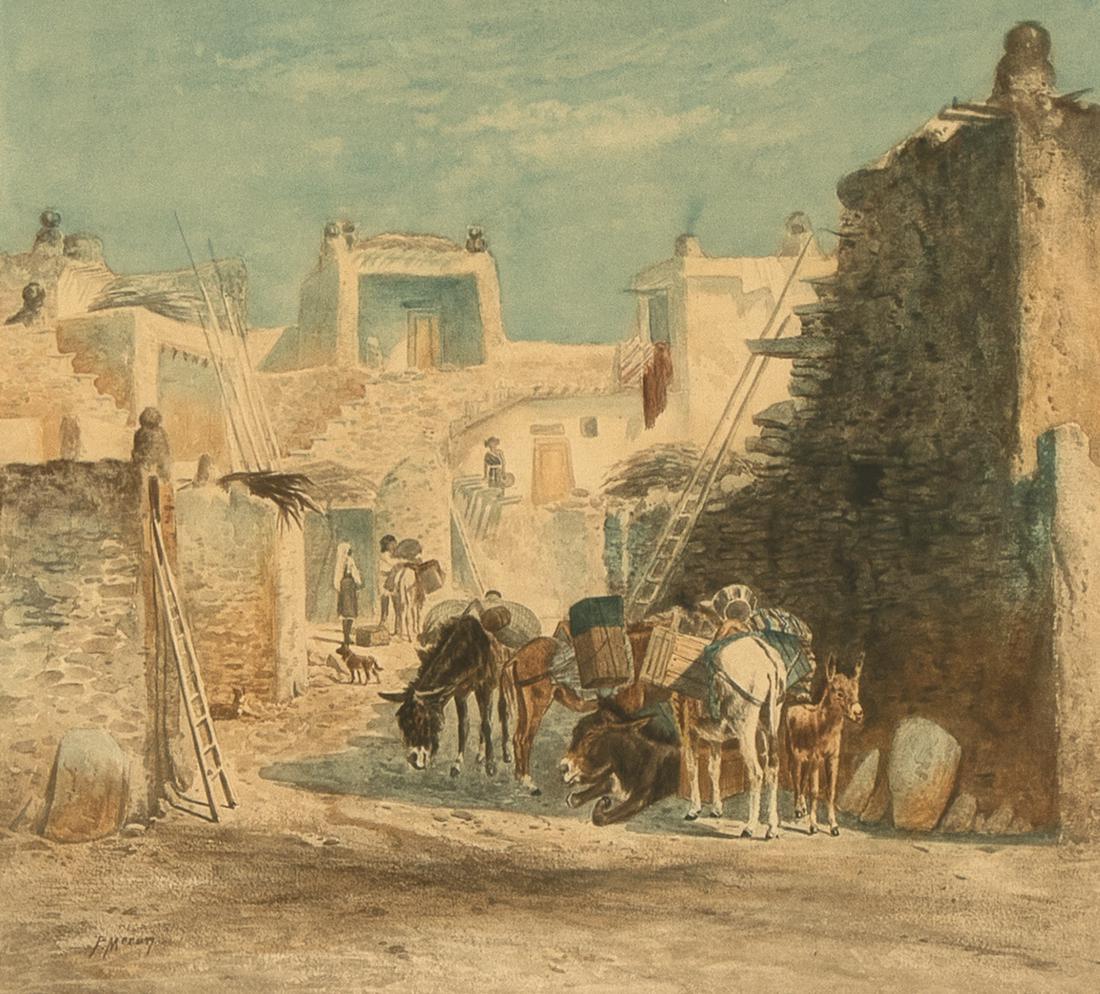 Peter Moran, Pueblo, ca. 1890: Peter Moran(1841 - 1913)Pueblo, ca. 1890lithograph with hand-colored highlightssigned lower left: P. Moranstamped verso: PUEBLO / AFTER THE WATER-COLOR / by / PETER MORAN11 x 12 1/2 in. (27.94 x 31.75