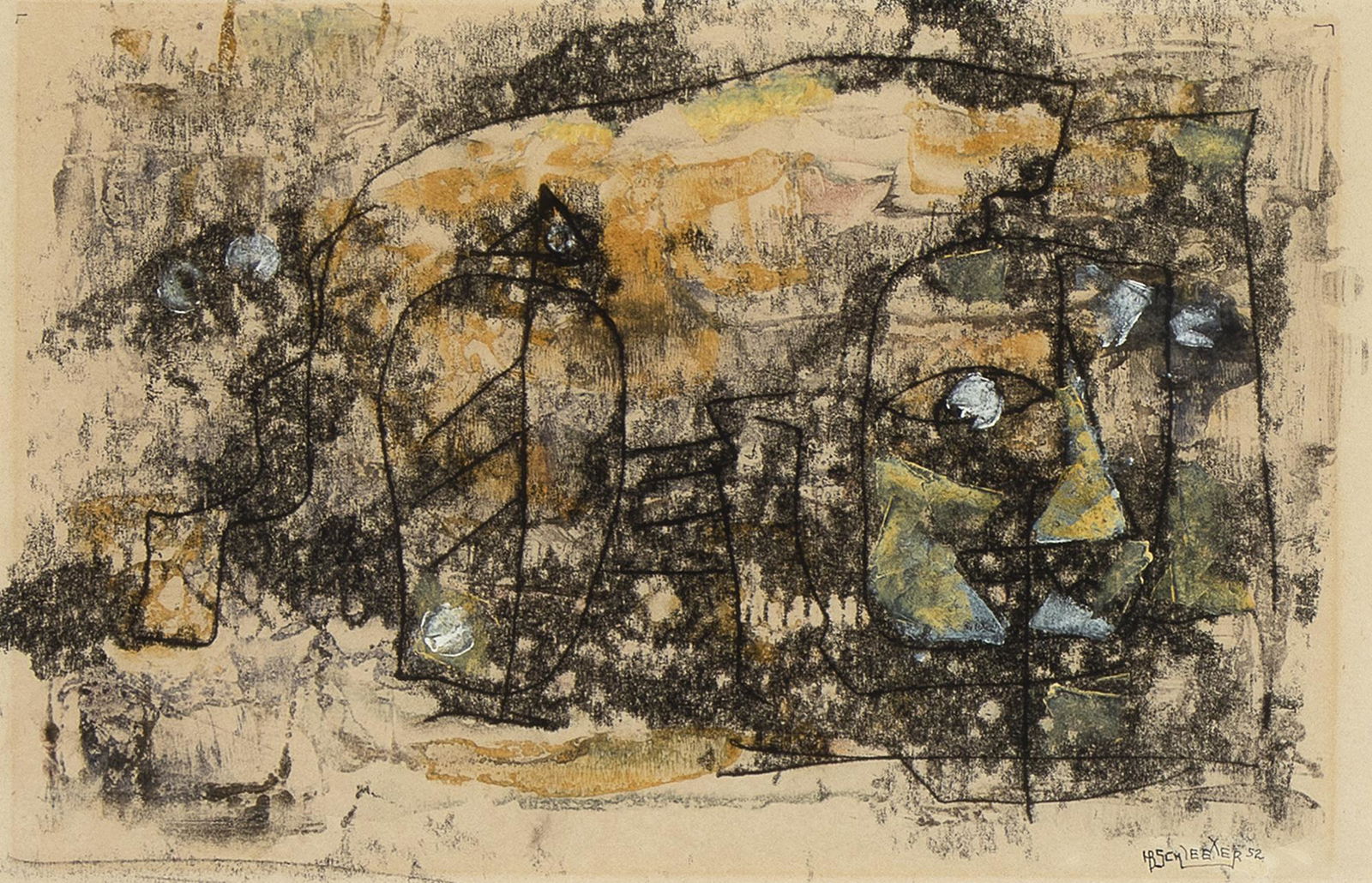 Howard Schleeter, Untitled, 1952: Howard Schleeter(1903 - 1976)Untitled, 1952mixed media on papersigned and dated lower right: HB SCHlEEtER 528 5/8 x 13 1/2 in. (21.91 x 34.29 cm.), Frame: 17 x 21 3/4 x 1 in. (43.18 x 55.25 x 2.54 cm.