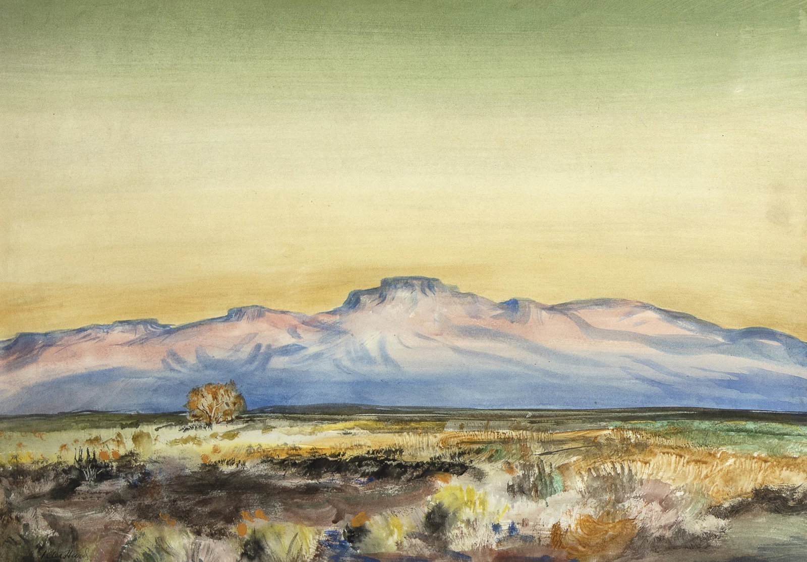 Peter Hurd, Mountain Landscape: Peter Hurd (1904 - 1984) Mountain Landscape watercolor on paper signed lower left: Peter Hurd 19 1/2 x 28 1/4 in. (49.53 x 71.76 cm.), Frame: 31 3/8 x 39 1/2 x 1 1/2 in. (79.69 x 100.33 x 3.81 cm.) A