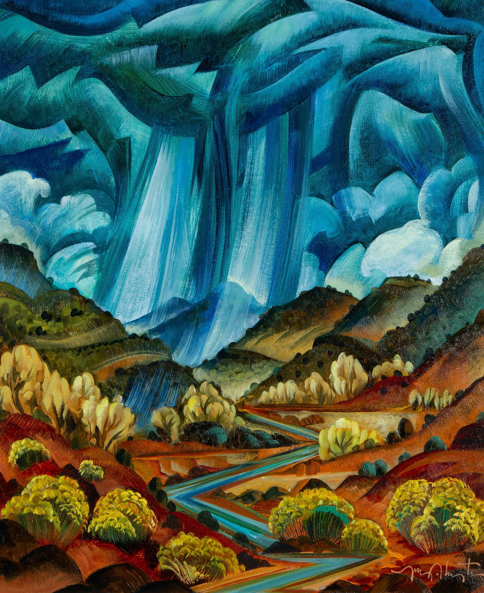 Tony Abeyta, Autumn Rains: Tony Abeyta (Navajo, b. 1965) Autumn Rains oil on canvas signed lower right: Tony Abeyta 24 x 20 in. (60.96 x 50.80 cm.), Frame: 29 5/8 x 25 3/8 x 1 3/8 in. (75.25 x 64.45 x 3.49 cm.) The Artist