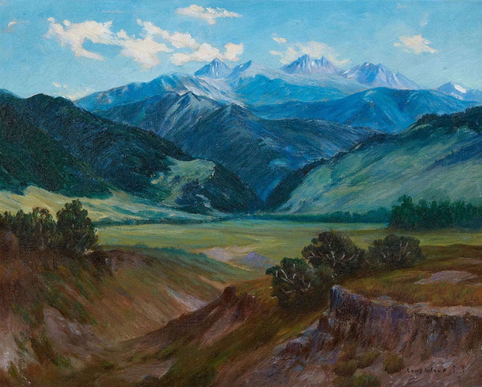 Lone Wolf, Untitled (Mountain Range): Hart Merriam Schultz [Lone Wolf](Blackfoot, 1882 - 1970)Untitled (Mountain Range)oil on canvassigned lower right: LONE WOLF [artist's cipher]16 x 20 in. (40.64 x 50.80 cm.), Frame: 19 1/2 x 23 1/2 x 1