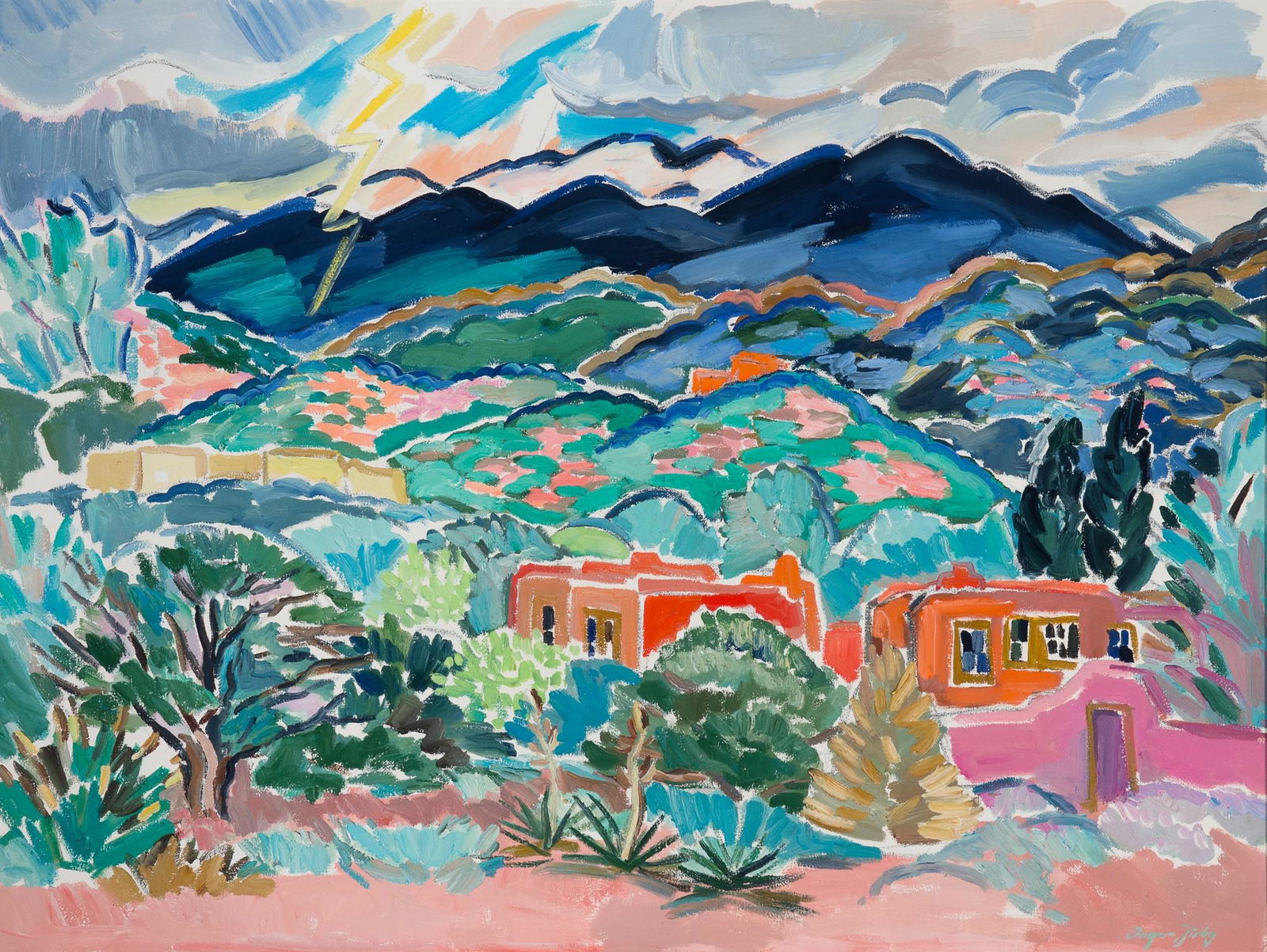 Inger Jirby, Storm Over the Jemez, 1988: Inger Jirby(b. 1942)Storm Over the Jemez, 1988oil on canvassigned lower right: Inger Jirbyinscribed verso: "STORM OVER THE JEMEZ" / Â© Inger Jirby / July 2nd 1988 36 x 48" /Santa Fe, N.M.36 x 48