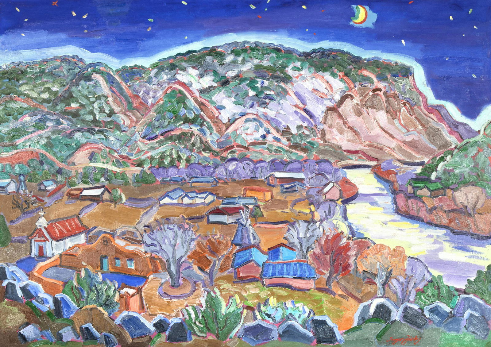 Inger Jirby, Pilar in Moonlight, 2000: Inger Jirby(b. 1942)Pilar in Moonlight, 2000oil on canvassigned lower right: Inger Jirbyinscribed verso: Inger Jirby / "Pilar in Moonlihgt" 40 x 56" / Dec 12 2000 / Pilar, N.M.40 x 56 in. (101.60 x 14