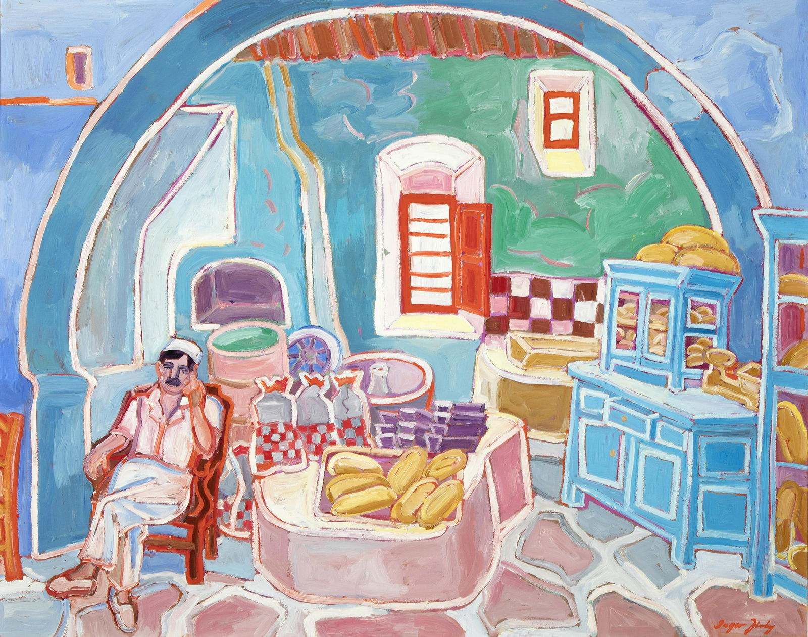 Inger Jirby, Nico: Inger Jirby(b. 1942)Nico's Bakery, 1992oil on canvasinscribed verso: Nico's Bakery / Inger Jirby / Mykonos Greece Aug. 7th;199238 1/4 x 48 1/4 in. (97.16 x 122.56 cm.), Frame: 44 1/2 x 54 1/2 x 2 in.