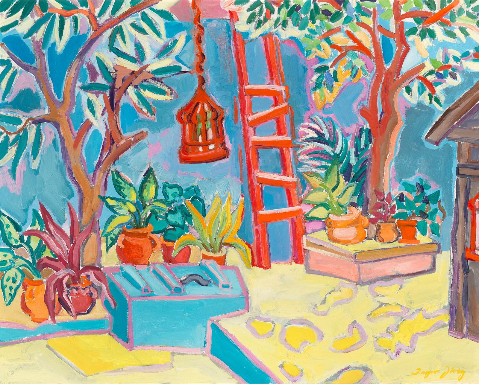 Inger Jirby, Courtyard with Red Ladder, 1989: Inger Jirby(b. 1942)Courtyard with Red Ladder, 1989oil on canvassigned lower right: Inger Jirbyinscribed verso: "Courtyard w. Red / Ladder" / Â© Inger Jirby 24 x 30" / Dec 30 1989 / Zihuatanejo, Mex