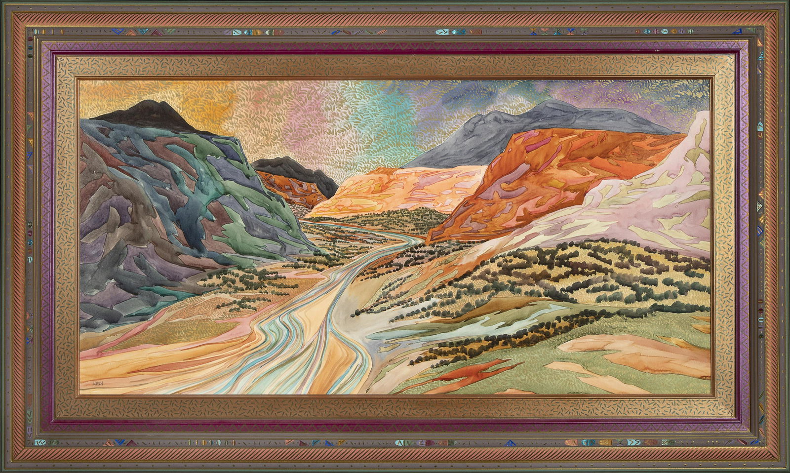 Fran Larsen, Approaching Black Mountain, 1999: Fran Larsen(b. 1937)Approaching Black Mountain, 1999watercolor on boardsigned lower left: LARSEN23 3/4 x 47 3/4 in. (60.33 x 121.29 cm.), Frame: 35 3/4 x 59 3/4 x 2 in. (90.81 x 151.77 x 5.08 cm.)