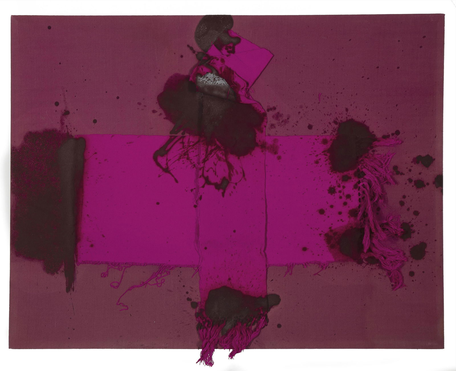 Michael Tracy, Cruz de Sangre I, 1989: Michael Tracy(b. 1943)Cruz de sangre I (from a suite of four), 1989acrylic rebozo on cotton canvas with enamel / Canvas36 3/8 x 46 3/8 in. (92.39 x 117.79 cm.) Gallery Paule Anglim, San Francisco