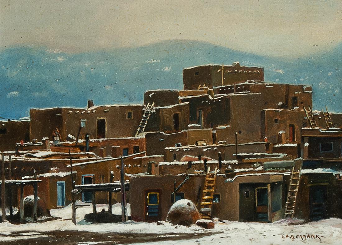 E. A. Burbank, Untitled (Taos Pueblo in Winter): Elbridge Ayer Burbank (1858 - 1949) Untitled (Taos Pueblo in Winter) oil on board signed lower right: E. A. BURBANK - 6 1/2 x 9 1/8 in. (16.51 x 23.18 cm.), Frame: 12 1/4 x 14 7/8 x 1 3/4 in. (31.12 x