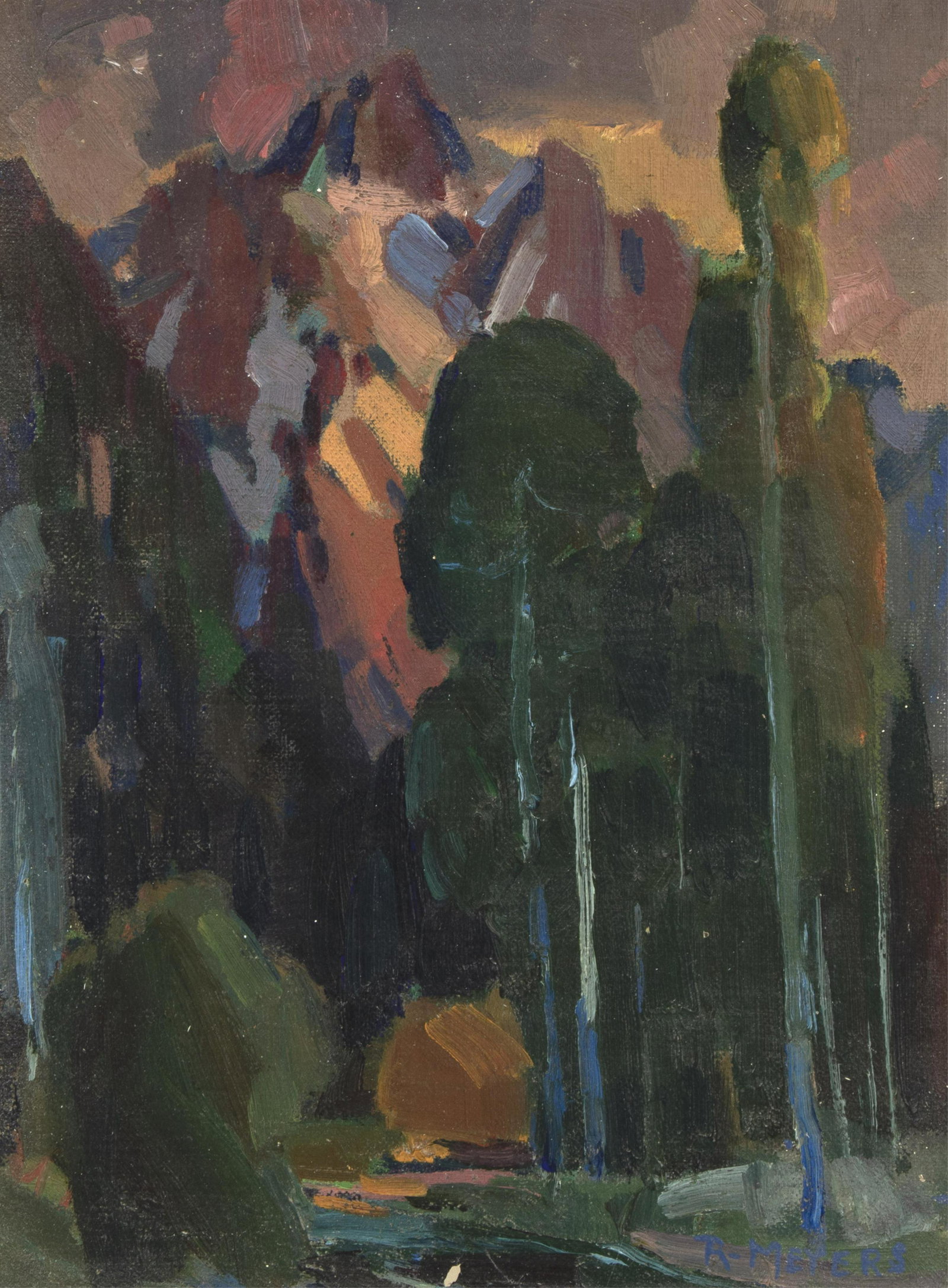 Ralph Meyers, Untitled (Mountain Landscape): Ralph Meyers (1885 - 1948) Untitled (Mountain Landscape) oil on canvas board signed lower right: R-MEYERS 11 7/8 x 8 7/8 in. (30.16 x 22.54 cm.), Frame: 14 3/4 x 11 3/4 x 1 1/8 in. (37.47 x 29.85 x 2.
