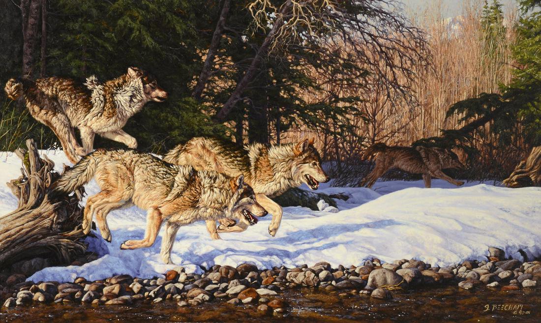 Greg Beecham, Wolves Running, 1990: Greg Beecham(b. 1954)Wolves Running, 1990oil on canvassigned and dated lower right: G. BEECHAM © 90 [artist's cipher]23 1/2 x 29 1/2 in. (59.69 x 74.93 cm.), Frame: 33 1/4 x 49 1/2 x 2 in. (84.46 x 1