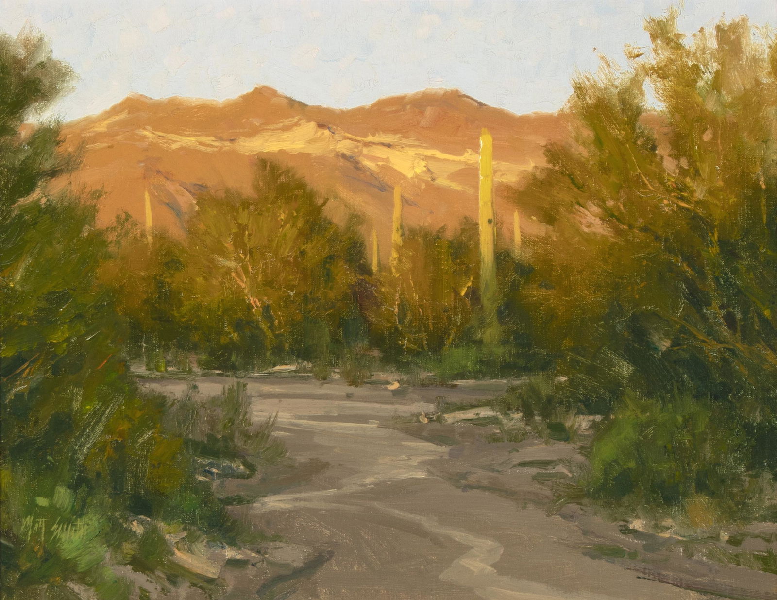 Matt Smith, Evening Along the Wash, 1997: Matt Smith(b. 1960)Evening Along the Wash, 1997oil on woodsigned lower left: Matt Smithinscribed verso: Matt Smith 1997 Â© / OIL . 14" x 18" / "EVENING ALONG THE WASH"14 x 18 in. (35.56 x 45.72 cm.)