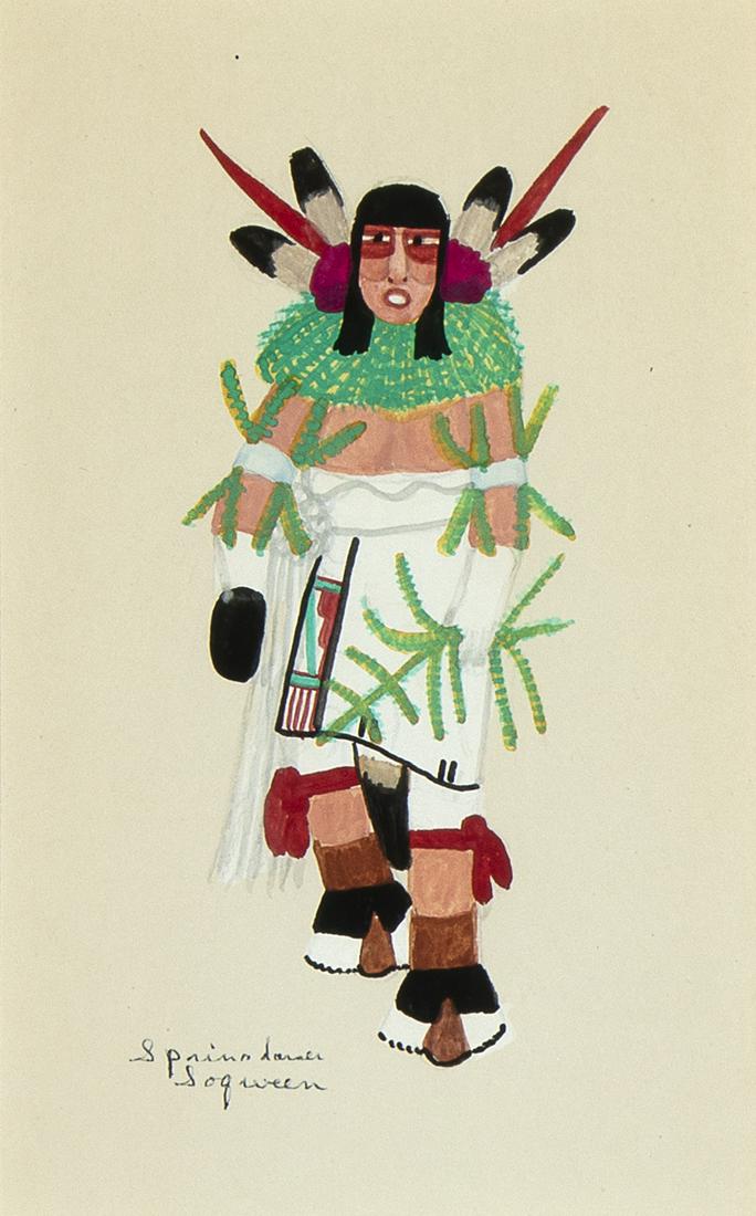 José Encarnacion Peña [Soqween], Untitled (Corn Dancer): José Encarnacion Peña [Soqween](San Ildefonso, 1902 - 1979)Spring Dancergouache on papertitled and signed lower left: Spring dancer / Soqween6 1/4 x 3 7/8 in. (15.88 x 9.84 cm.), Frame: 12 3/4 x 9 3