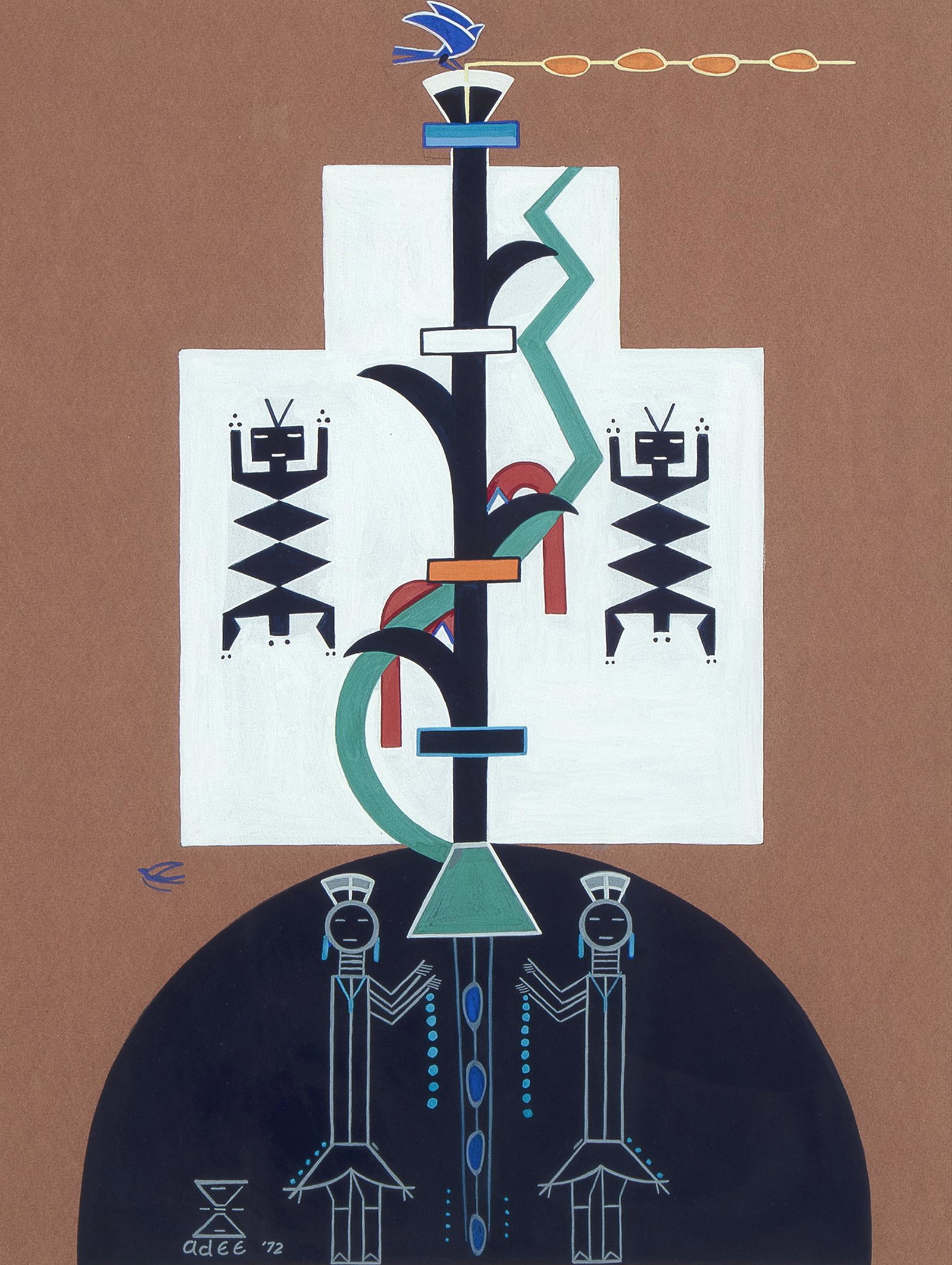 Two Native Works on Paper - Adee Dodge, Daniel Namoki: Two Native Works on Paper Adee Dodge (Diné [Navajo], 1911 - 1922) Untitled (Corn with Figures), 1972 gouache on paper signed and dated lower right: [artist's cipher] / adee '72 17 1/4 x 13 1/2 in. (4