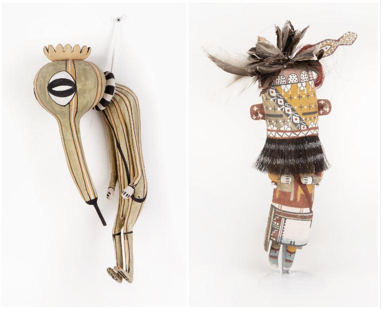 Hopi, Clark Tenakhongva, Two Kachinas: Clark Tenakhongva (Hopi, 20th Century) Patung (Squash) Kachina squash gourd, cottonwood, pigment initialed underside of foot: CWT 15 1/2 x 4 1/2 x 6 in. (39.37 x 11.43 x 15.24 cm.) Hi