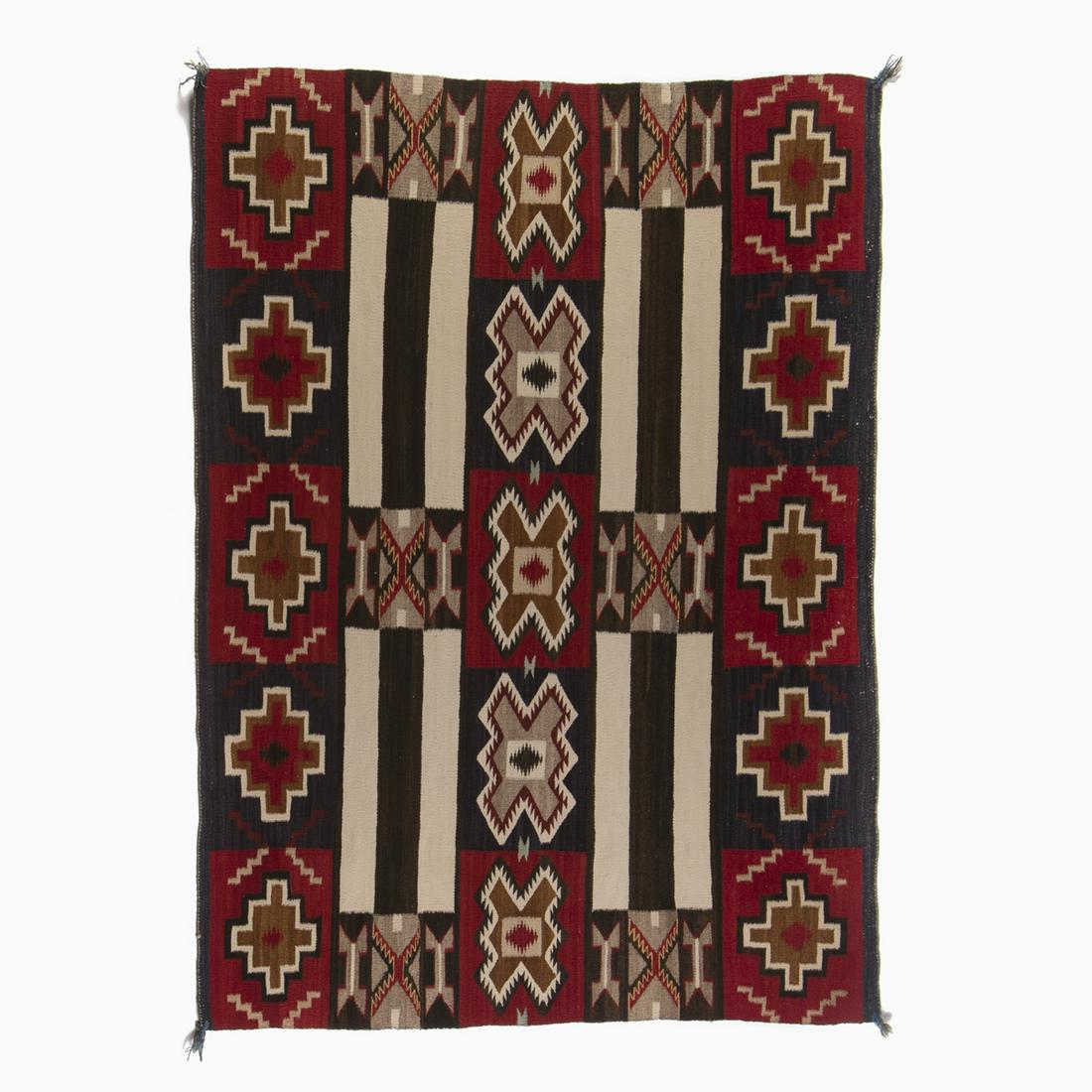 A Navajo Red Mesa Second Phase Variant Chief's Blanket,: Diné [Navajo] Red Mesa Second Phase Variant Chief's Blanket, ca. 1930 handspun wool, natural and aniline dyes 65 1/2 x 50 1/2 in. (166.37 x 128.27 cm.) Private Collection, New Mexico