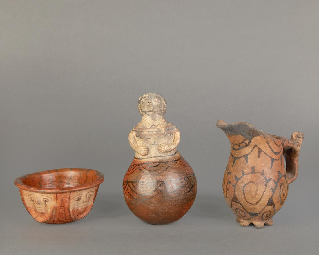 A Group of Three Maricopa, Yuma, and Mojave Pottery: Maricopa, Yuma, and Mojave Group of Three Pottery Vessels, ca. 1900-1940fired clay, pigment Mojave Red Bowl with Faces