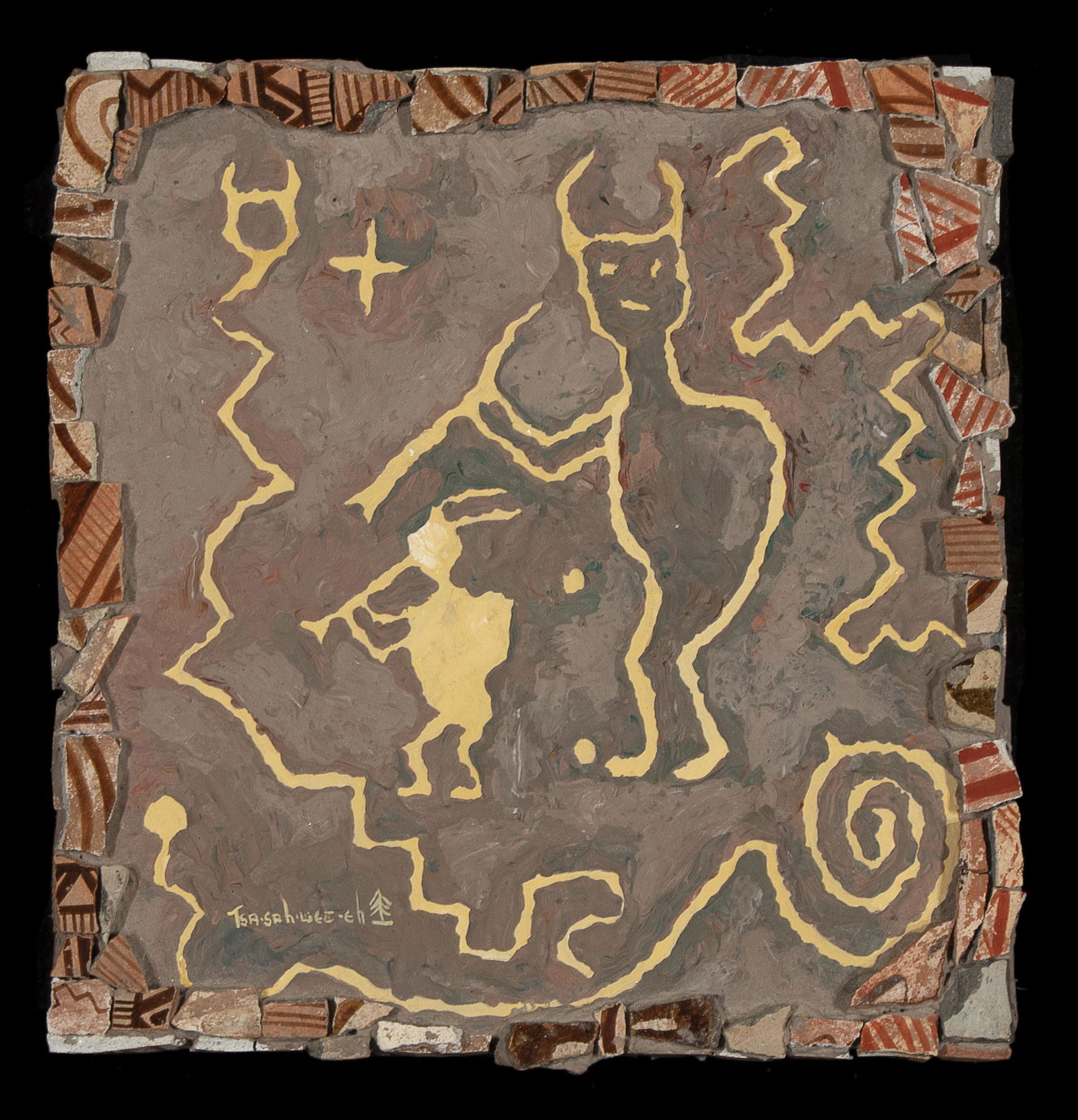 Helen Hardin [Tsa-Sah-Wee-Eh], Untitled: Helen Hardin [Tsa-Sah-Wee-Eh](Santa Clara, 1943 - 1984)Untitledmixed mediasigned lower left: TSA.SAh.WEE.Eh [artist's cipher]10 5/8 x 10 x 1 in. (26.99 x 25.40 x 2.54 cm.) The Artist