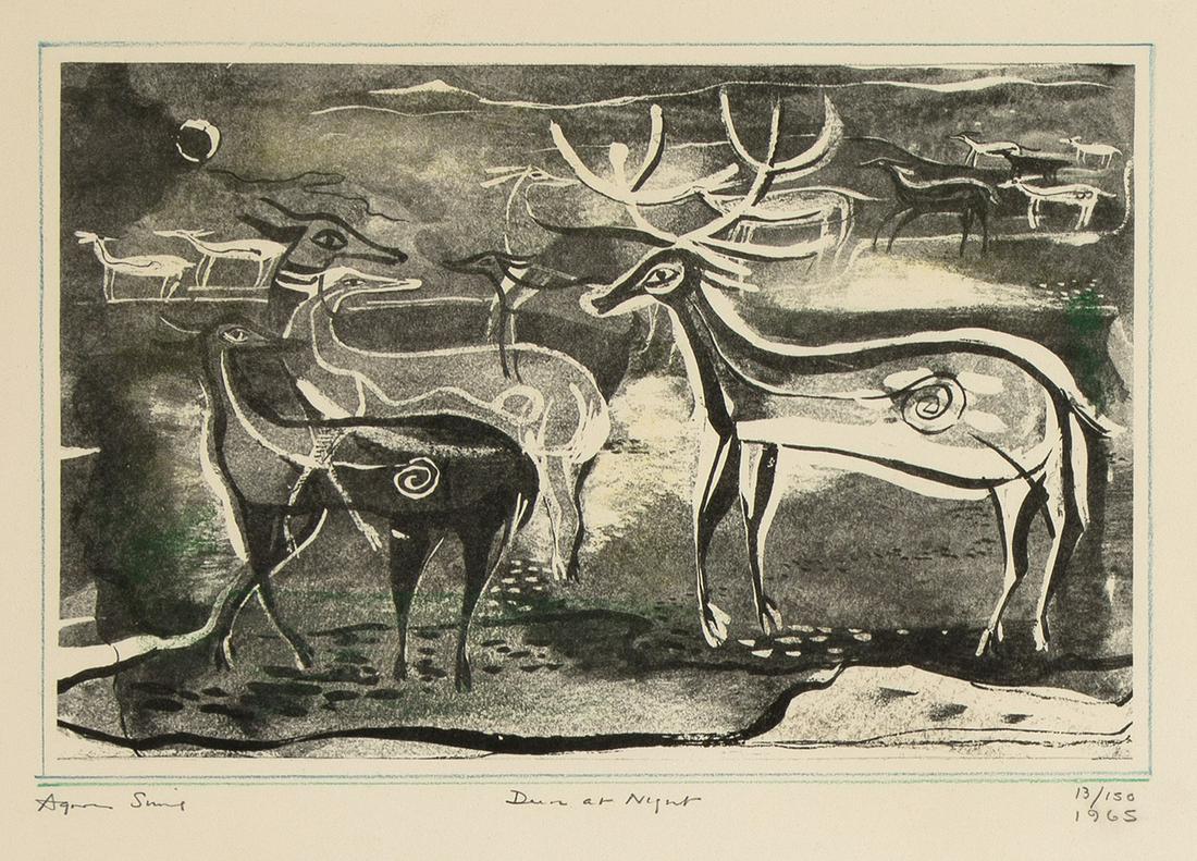 Agnes Sims, Deer at Night, 1965: Agnes Sims(1910 - 1990)Deer at Night, 1965lithograph, edition 12 of 150signed lower left: Agnes Simstitled lower center: Deer at Nighteditioned and dated lower right: 12/150 / 19655 3/4 x 9 1/4