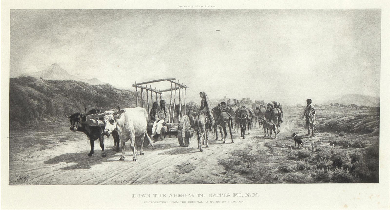 Peter Moran, Down the Arroya to Santa Fe, N.M., 1893: Peter Moran(1841 - 1914)Down the Arroyo to Santa Fe, N.M.photogravureprinted upper center: COPYRIGHTED 1893 BY P. MORAN.printed lower center: DOWN THE ARROYA TO SANTA FE, N.M. / PHOTOGRAVURE FROM THE