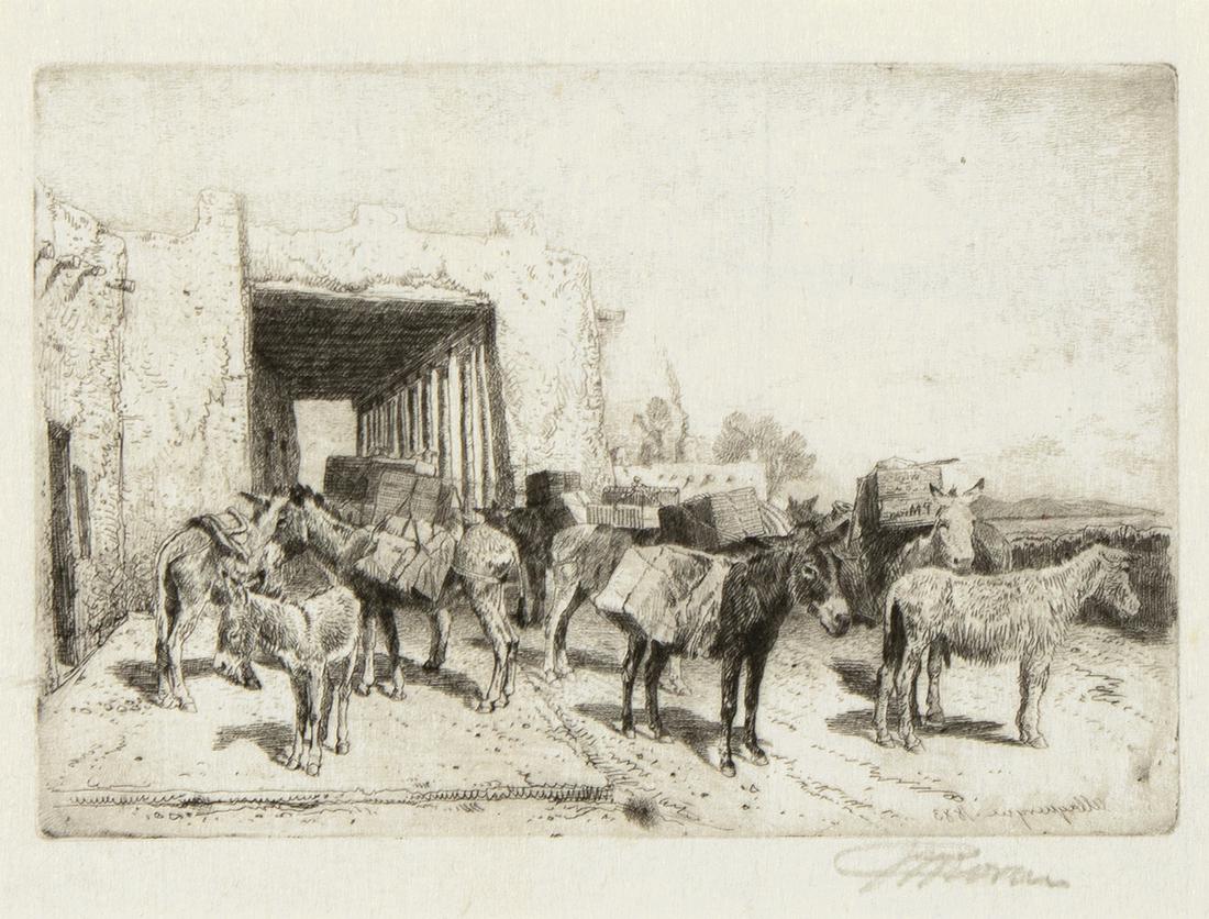 Peter Moran, Burros (Albuquerque), 1883: Peter Moran(1842 - 1914)Burros (Albuquerque), 1883etchingsigned in pencil lower right: P Morantitled and dated in plate reverse lower right: Albuquerque 1883an extremely rare etching, with only